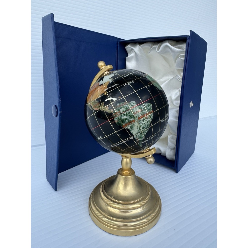 Vintage Inlaid Blue Gemstone World Globe Silver Tone Stand 7" Tall Desktop EUC